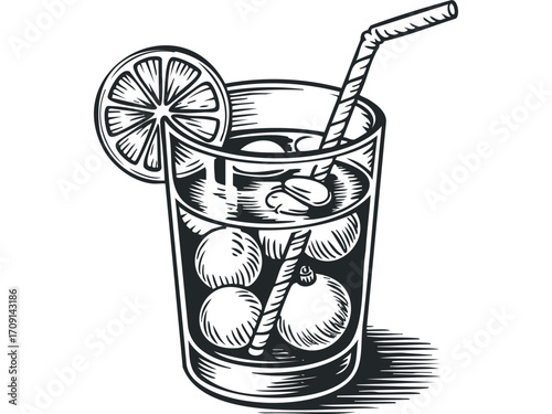 Black and white etching style drawing of a tall glass filled with ice cubes, liquid, and a straw, garnished with a citrus slice.. Vector hand drawn illustration