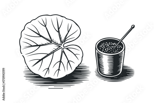 Leaf and metal cup with granular material and stirring rod. Vector hand drawn illustration
