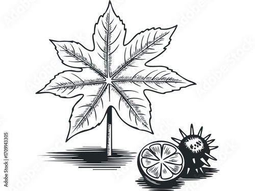 Castor bean leaf and seed on transparent background. Vector hand drawn illustration