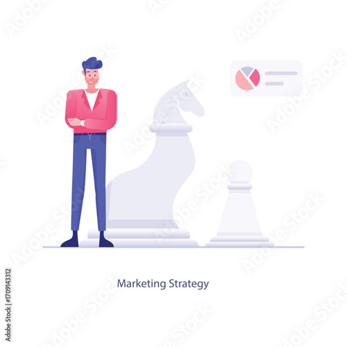 Vector elements of the office environmentA man in a pink top and blue pants stands beside a large chess piece (a knight), with a small pie chart in the upper right corner. The text “Marketing Strategy