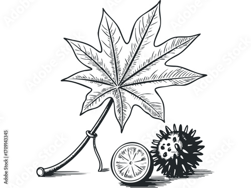 Hand drawn botanical illustration of a castor leaf and spiky fruit. Vector hand drawn illustration
