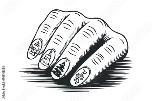 Hand with Christmas Nail Art Decorations Transparent. Vector hand drawn illustration
