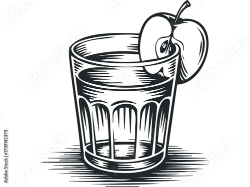 Glass of Refreshing Apple Juice with Fruit Slice. Vector hand drawn illustration