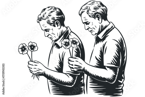 Line drawing of a man holding flowers with a sorrowful expression on transparent background. Vector hand drawn illustration