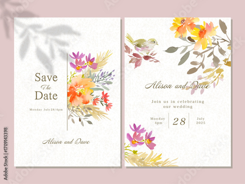 Wedding invitation card template set with abstract Autumn flowers, leaves and little bird painted in watercolor. Hand drawn vector card set with flowers for fall season.