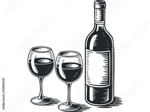 Alcoholic beverage in bottle and glasses with transparent background. Vector hand drawn illustration