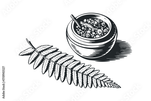 Monochrome illustration of a gourd with yerba mate and a fern leaf. Vector hand drawn illustration