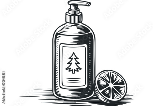 Hand drawn bottle of liquid soap and sliced citrus fruit. Vector hand drawn illustration