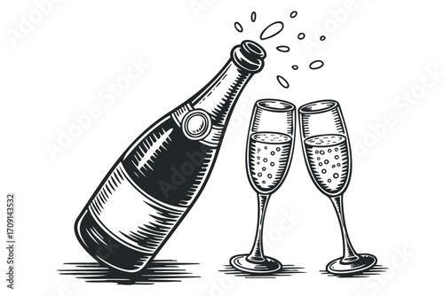 Champagne bottle pouring into two flutes. Vector hand drawn illustration