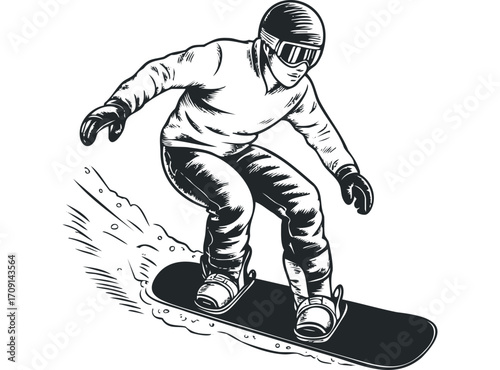 Snowboarder performing a jump on a transparent background. Vector hand drawn illustration