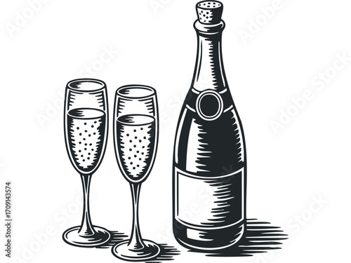 Bottle of sparkling wine with two glasses of champagne on a transparent background. Vector hand drawn illustration
