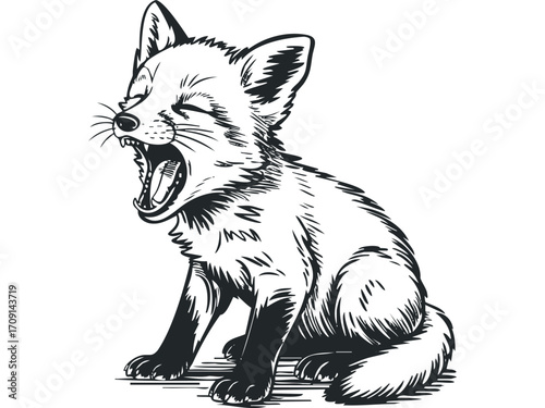 Yawning fox cub animal sketch on transparent background. Vector hand drawn illustration