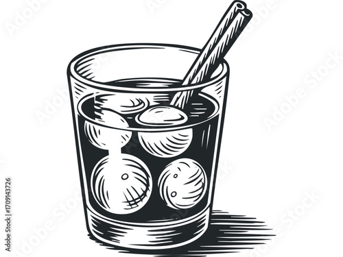 Glass of cold beverage with ice cubes and straw. Vector hand drawn illustration