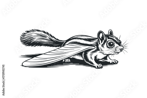 Surreal Flying Squirrel Vector Graphic on Transparent Background. Vector hand drawn illustration