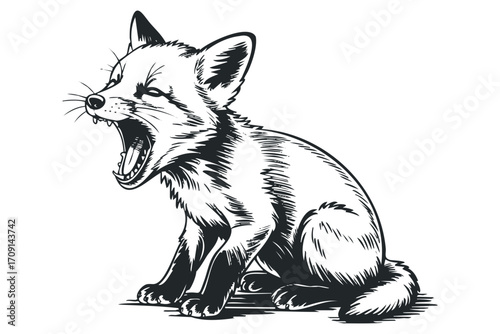 Young fox cub yawning with mouth wide open, transparent. Vector hand drawn illustration