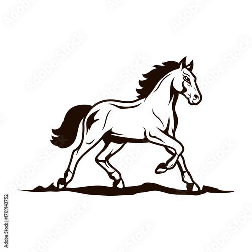 Running Horse Silhouette – Black Stallion Vector Illustration on Ground for Logo, Ranch, and Equestrian Design