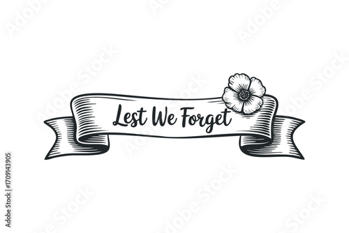 Woven ribbon banner with flower and text "Lest We Forget" on transparent background. Vector hand drawn illustration