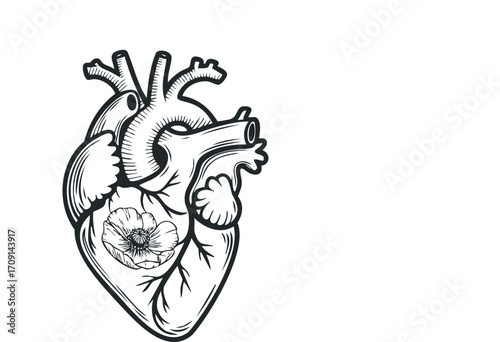 Anatomical Heart With Flower Isolated. Vector hand drawn illustration