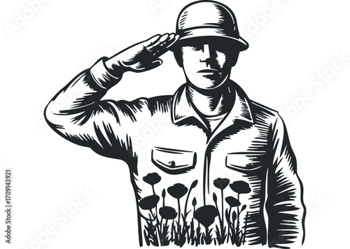 Soldier saluting in hat with poppies. Vector hand drawn illustration