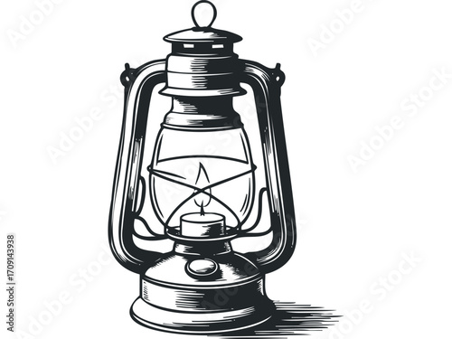 Vintage kerosene lantern with flame on transparent background. Vector hand drawn illustration