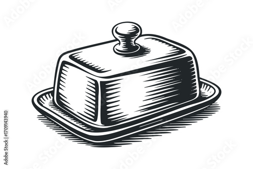 Classic butter dish with lid transparent. Vector hand drawn illustration