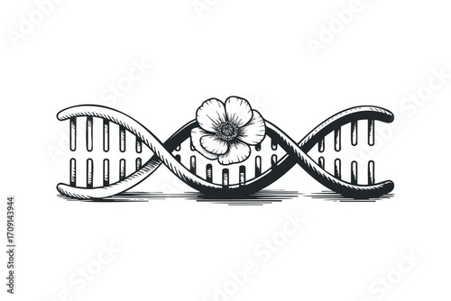 DNA helix with flower. Vector hand drawn illustration