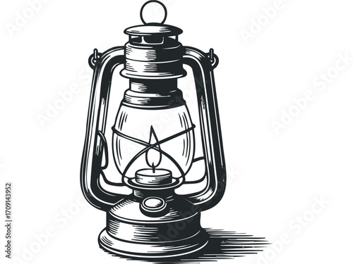 Vintage kerosene lantern with lit flame isolated on transparent background. Vector hand drawn illustration