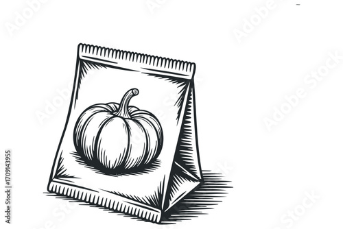 Pumpkin Seed Packet with Decorative Fluted Edges. Vector hand drawn illustration