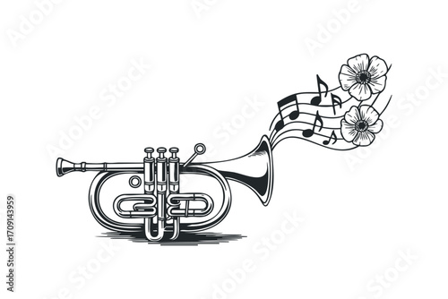 Musical trumpet with flowing notes and poppies. Vector hand drawn illustration