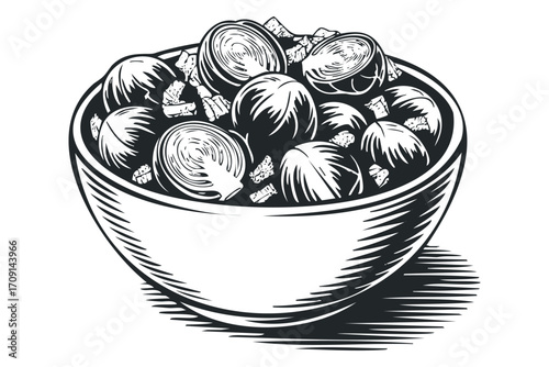 Bowl of Brussels sprouts with chopped additions,. Vector hand drawn illustration