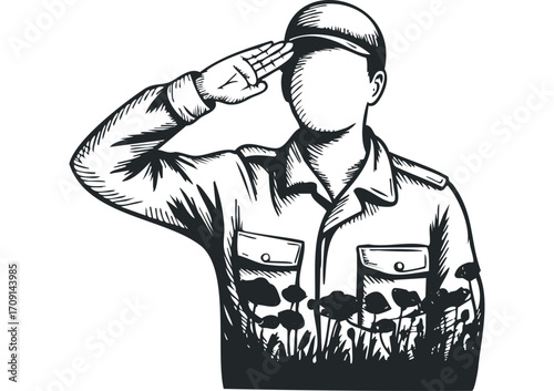 Soldier in uniform salutes amidst poppy field, black and white graphic. Vector hand drawn illustration