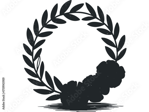 Black wreath with floral cluster and horizontal brush strokes. Vector hand drawn illustration