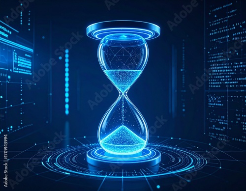 A futuristic hourglass made of glowing blue digital particles, symbolizing the passage of time in a technological context.