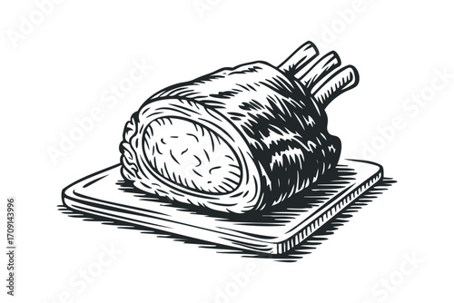 Pork Rib Roast on Cutting Board Black and White Outline. Vector hand drawn illustration