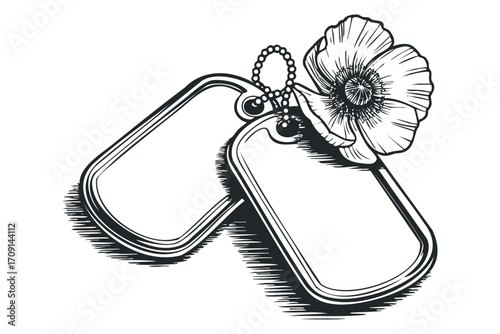 Poppy Flower With Military Dog Tags. Vector hand drawn illustration