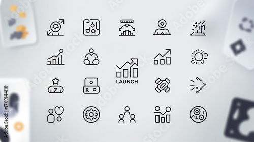 Business strategy planning and launch analysis icons for data driven growth and success management plan design