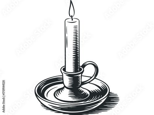 Candle in candlestick on transparent background. Vector hand drawn illustration