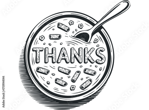 Hand drawn thank you pasta dish with spoon transparent. Vector hand drawn illustration