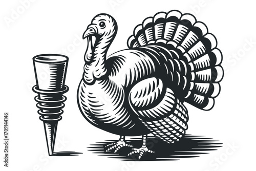 Black and white turkey with tail feathers fanned next to a wine stopper. Vector hand drawn illustration