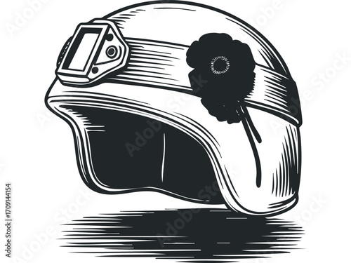 Pensive helmet with poppy, vintage sketch on transparent background. Vector hand drawn illustration