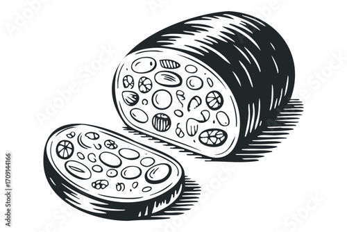 Hand drawn sliced sausage with varied fillings on transparent background. Vector hand drawn illustration