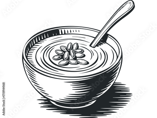 Line drawing of bowl of soup with spoon and seeds. Vector hand drawn illustration