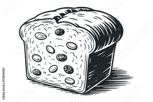 Loaf of bread with nuts and raisins on transparent background. Vector hand drawn illustration