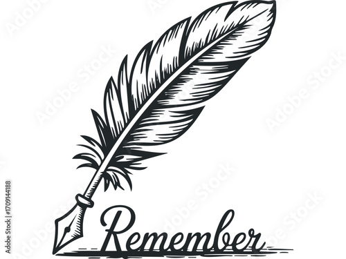 Feather quill pen with inscribed word remember. Vector hand drawn illustration