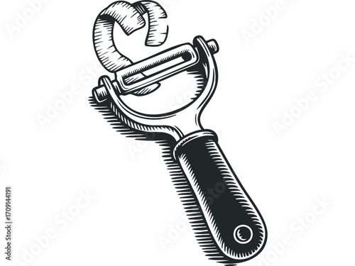 Peeler Tool With Spiral Peel. Vector hand drawn illustration