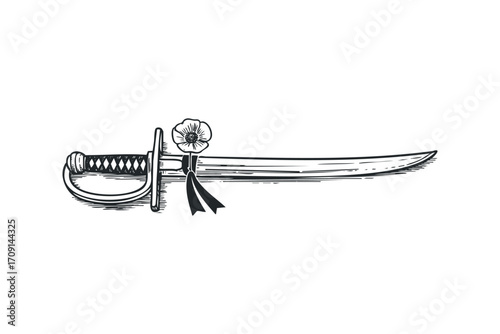 Saber sword with poppy flower and ribbon motif on transparent background. Vector hand drawn illustration