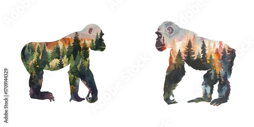 silhouette chimpanzee with forest scene inside watercolor vector illustration