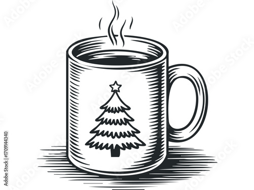 Festive hot beverage in a mug with Christmas tree emblem. Vector hand drawn illustration