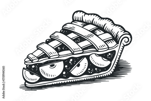 Detailed linocut style slice of apple pie with latticed top and fruit filling. Vector hand drawn illustration