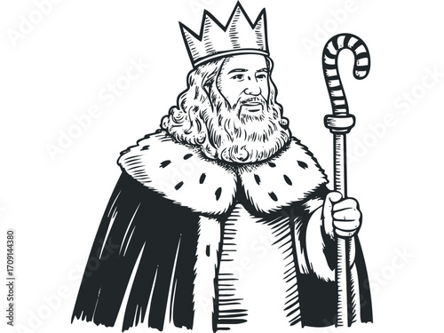 King in regal attire holding a scepter on transparent background. Vector hand drawn illustration